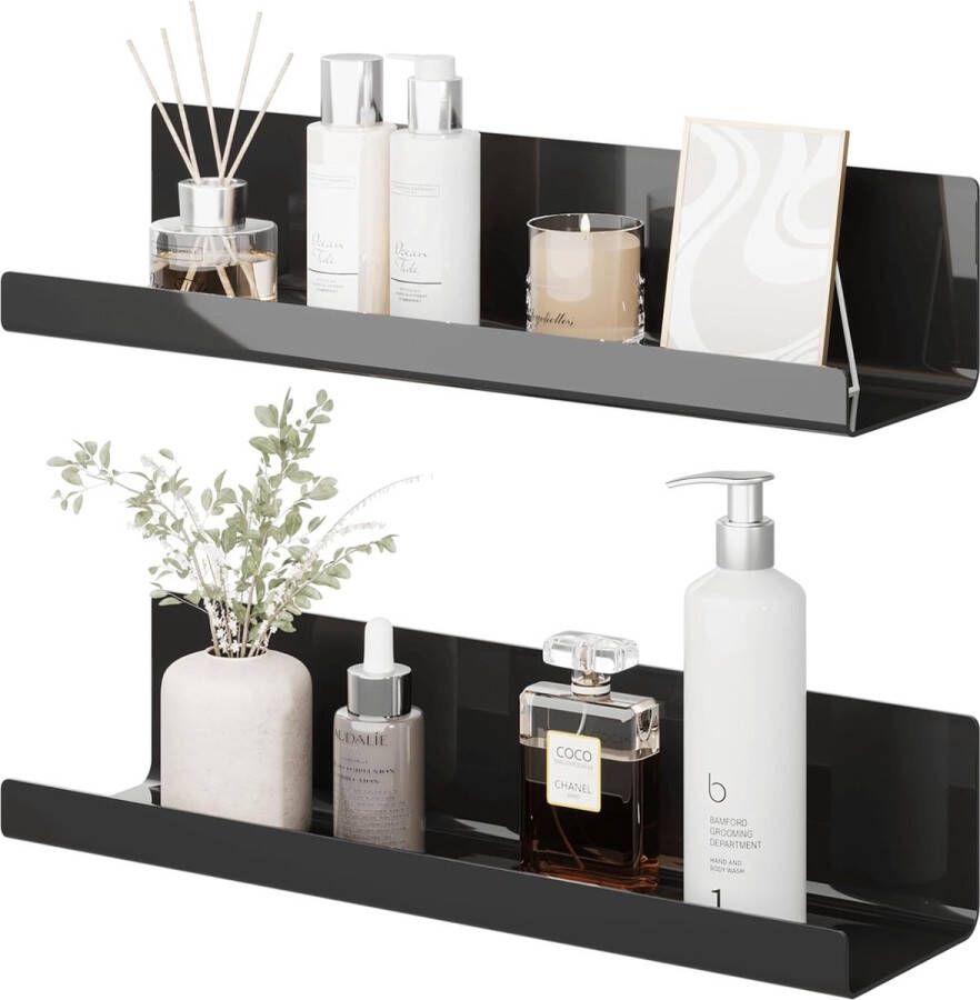 Wall Shelf No Drilling Floating Shelf Set of 2 Black Acrylic Wall Shelf for Books and Photos Home Decoration Wall Shelf for Kitchen Bathroom Office Living Room (32 x 10 x 8 cm)