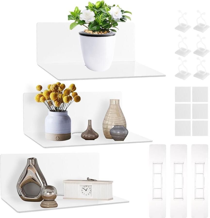 Wall Shelf Small White Set of 3 Acrylic Floating Shelf Without Drilling 23 cm Wide Bathroom Shelf White Acrylic Small Shelf for Walls Bathroom en Keuken
