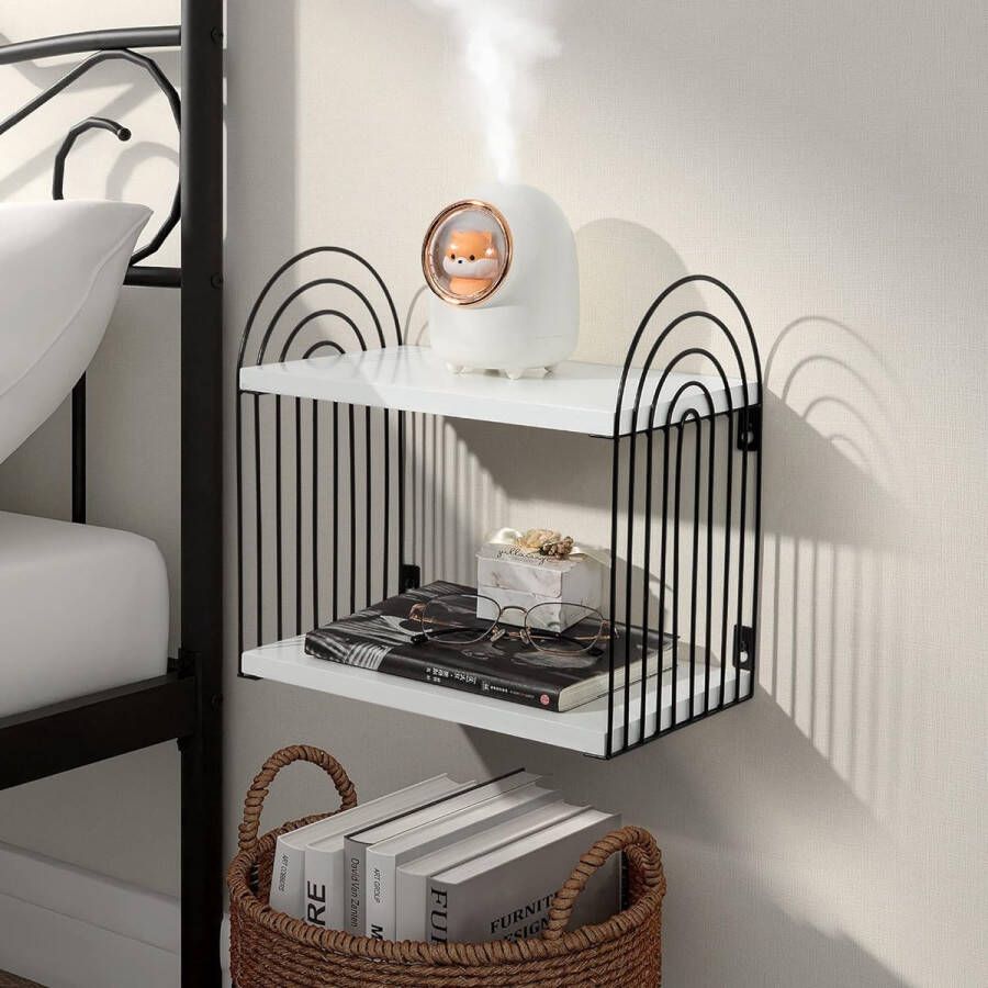 Wall Shelf White Wood Black Metal Bedside Table 2 Tier Floating Shelf Wall Modern Bedroom Bathroom Living Room Kitchen