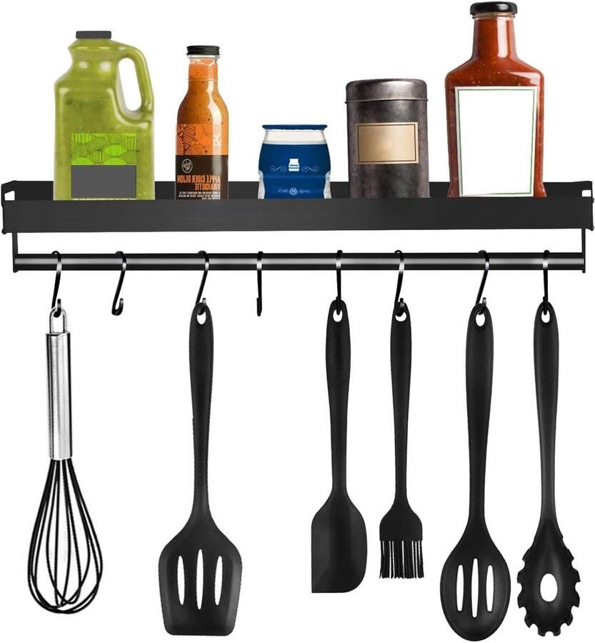 Wall shelf with 8 removable hooks Size 13.5 x 40 No drilling required Wall brackets for hallways kitchen bathroom and more