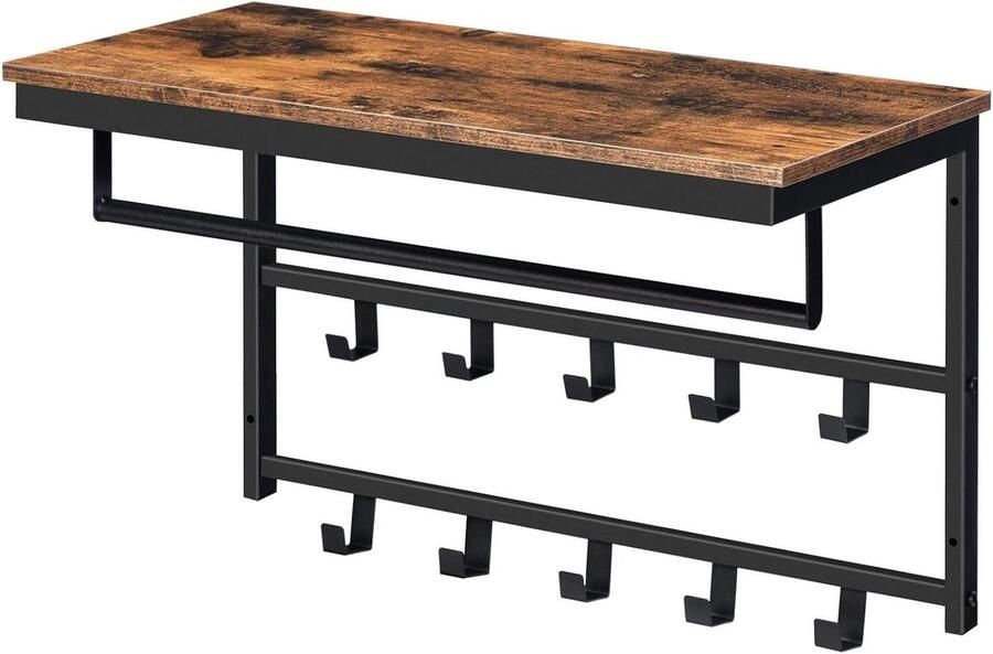 Wall Wardrobe Cabinet with Shelf and 10 Hooks Industrial Style Vintage Brown-Black 60 x 30 x 42 cm for Hallway Living Room Bedroom halmeubel met kapstok