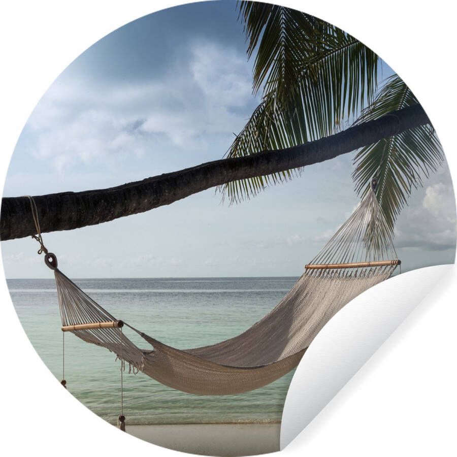 WallCircle Muurstickers Behangcirkel Palmboom Hangmat Strand 120x120 cm Muurcirkel Zelfklevend Ronde Behangsticker XXL