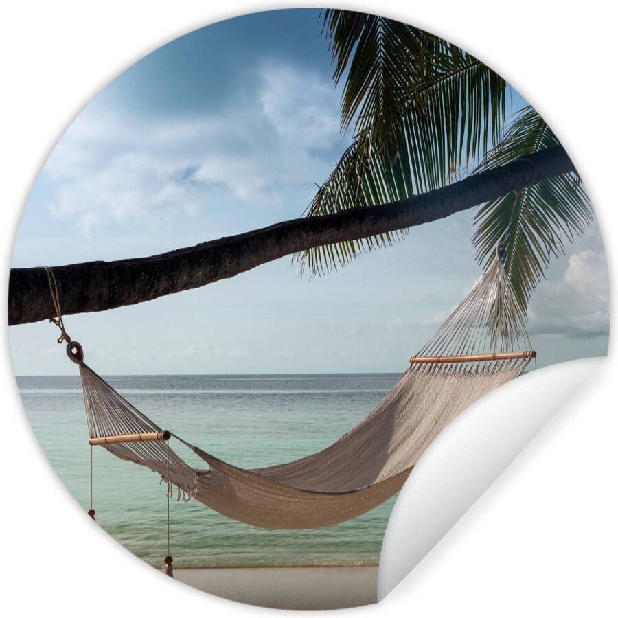 WallCircle Muurstickers Behangcirkel Palmboom Hangmat Strand 80x80 cm Muurcirkel Zelfklevend Ronde Behangsticker