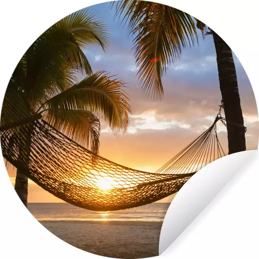 WallCircle Muurstickers Behangcirkel Zonsondergang Hangmat Palmboom 100x100 cm Muurcirkel Zelfklevend Ronde Behangsticker XXL