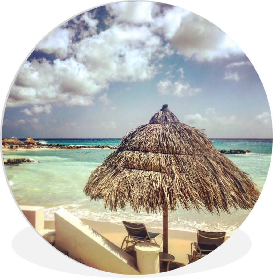 WallCircle Wandcirkel ⌀ 120 Parasol met strandstoelen op het strand van Curaçao Ronde schilderijen woonkamer Wandbord rond Muurdecoratie cirkel Kamer decoratie binnen Wanddecoratie muurcirkel Woonaccessoires XXL