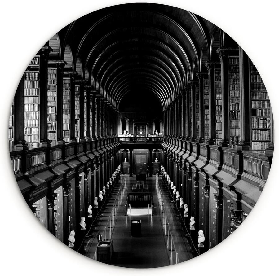 WallCircle Wandcirkel ⌀ 150 Bibliotheek van het Trinity College in Ierland zwart wit Ronde schilderijen woonkamer Wandbord rond Muurdecoratie cirkel Kamer decoratie binnen Wanddecoratie muurcirkel Woonaccessoires