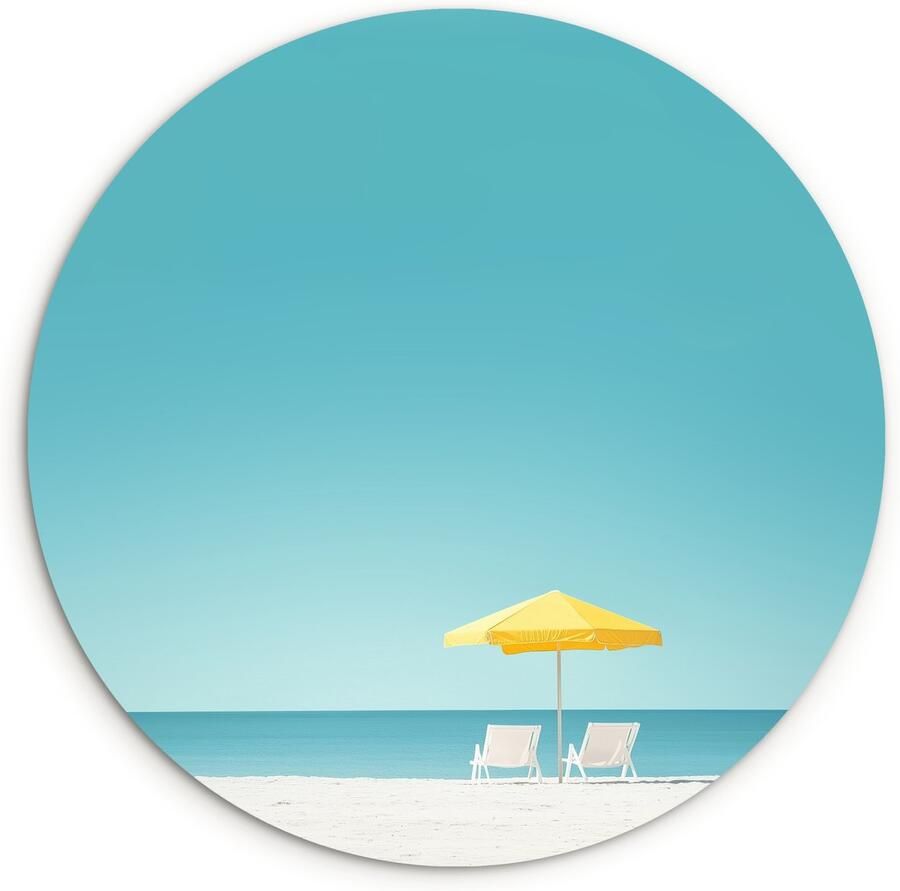 WallCircle Wandcirkel 150x150 cm Muurcirkel Strand Blauwe lucht Geel Parasol Muurdecoratie woonkamer Wanddecoratie slaapkamer Kamer decoratie accessoires Ronde schilderijen