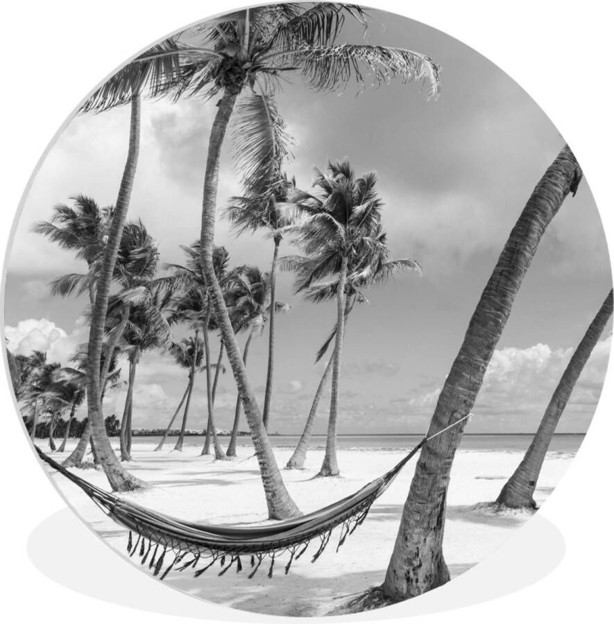 WallCircle Wandcirkel ⌀ 140 Hangmat op strand van Dominicaanse Republiek zwart-wit Ronde schilderijen woonkamer Wandbord rond Muurdecoratie cirkel Kamer decoratie binnen Wanddecoratie muurcirkel Woonaccessoires