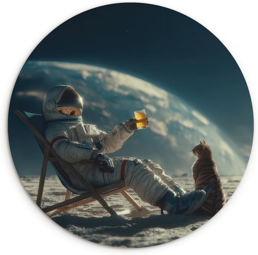 WallCircle Wandcirkel 30x30 cm Muurcirkel Astronaut Kat Glas Stoel Muurdecoratie woonkamer Wanddecoratie slaapkamer Kamer decoratie accessoires Ronde schilderijen