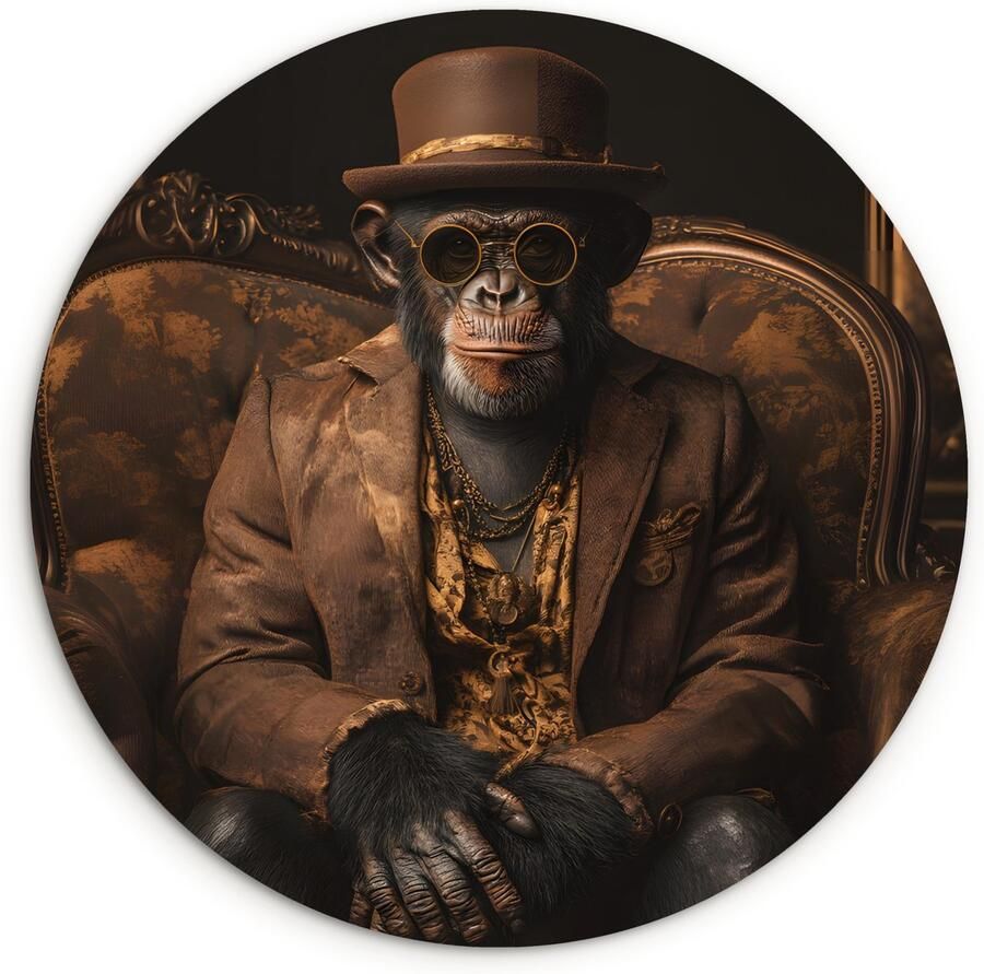 WallCircle Wandcirkel 140x140 cm Muurcirkel Chimpansee Stoel Pak Bruin Muurdecoratie woonkamer Wanddecoratie slaapkamer Kamer decoratie accessoires Ronde schilderijen