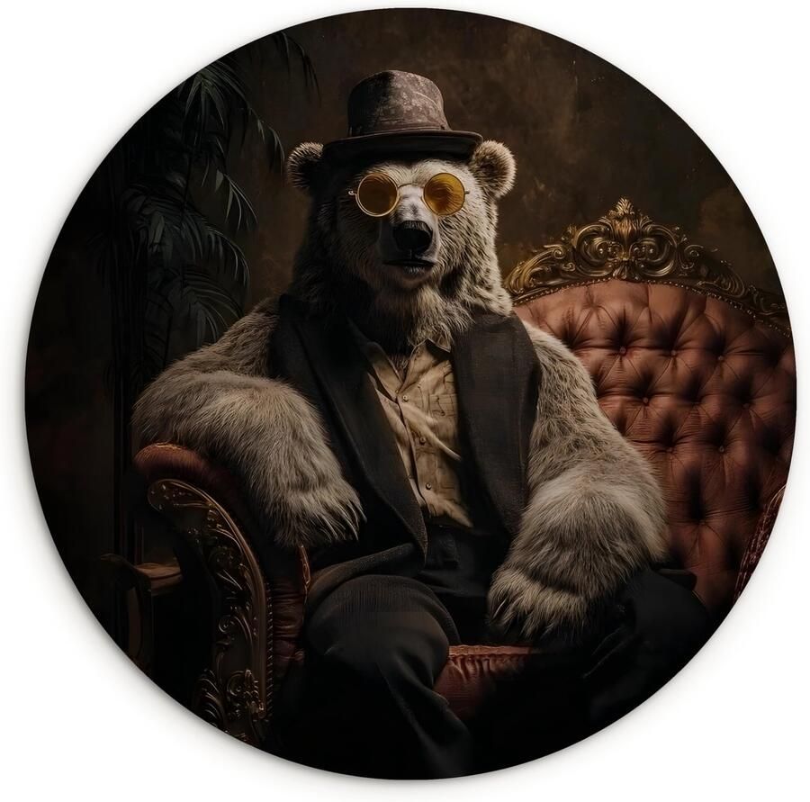 WallCircle Wandcirkel 140x140 cm Muurcirkel Ijsbeer Hoed Bril Stoel Muurdecoratie woonkamer Wanddecoratie slaapkamer Kamer decoratie accessoires Ronde schilderijen