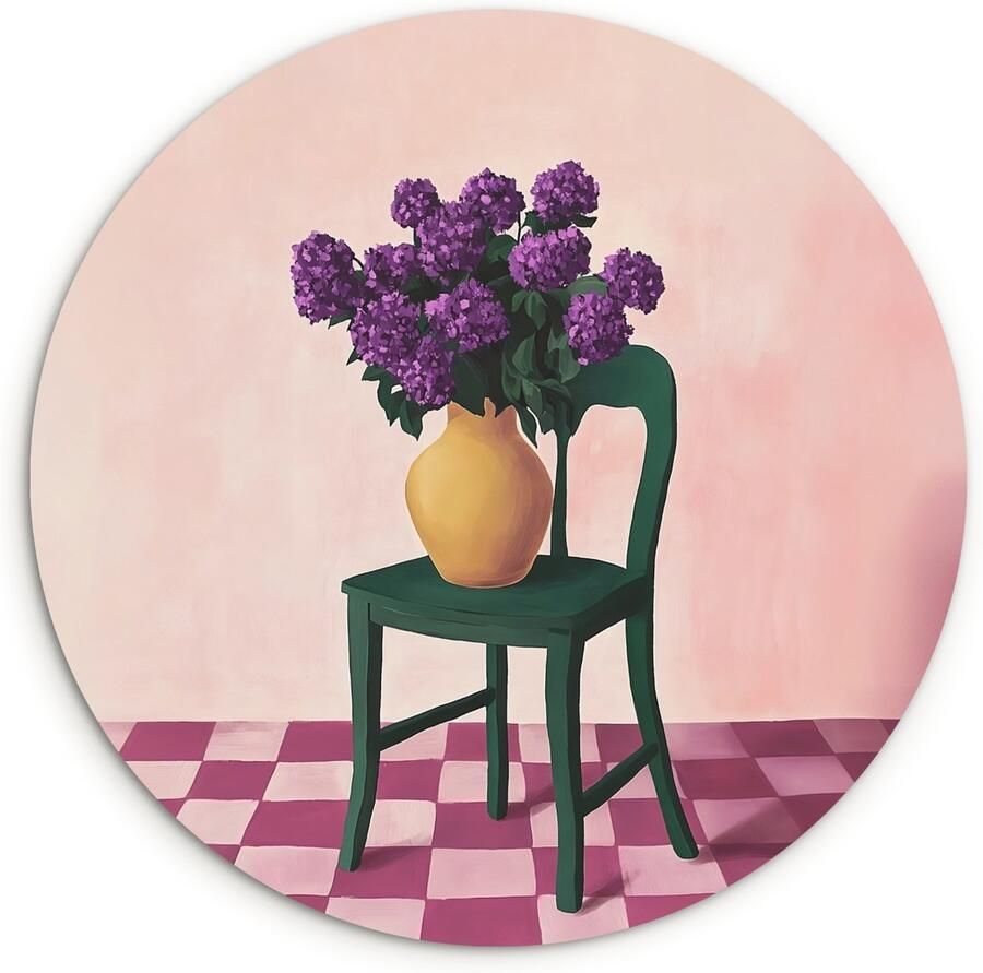 WallCircle Wandcirkel 120x120 cm Muurcirkel Stoel Vaas Bloemen Geblokt Muurdecoratie woonkamer Wanddecoratie slaapkamer Kamer decoratie accessoires Ronde schilderijen XXL