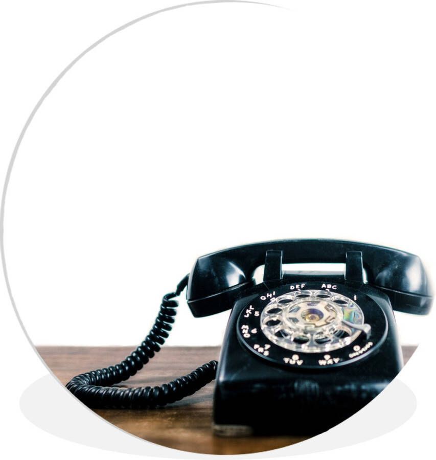 WallCircle Wandcirkel ⌀ 150 Illustratie van een zwarte retro telefoon op een houten tafel Ronde schilderijen woonkamer Wandbord rond Muurdecoratie cirkel Kamer decoratie binnen Wanddecoratie muurcirkel Woonaccessoires