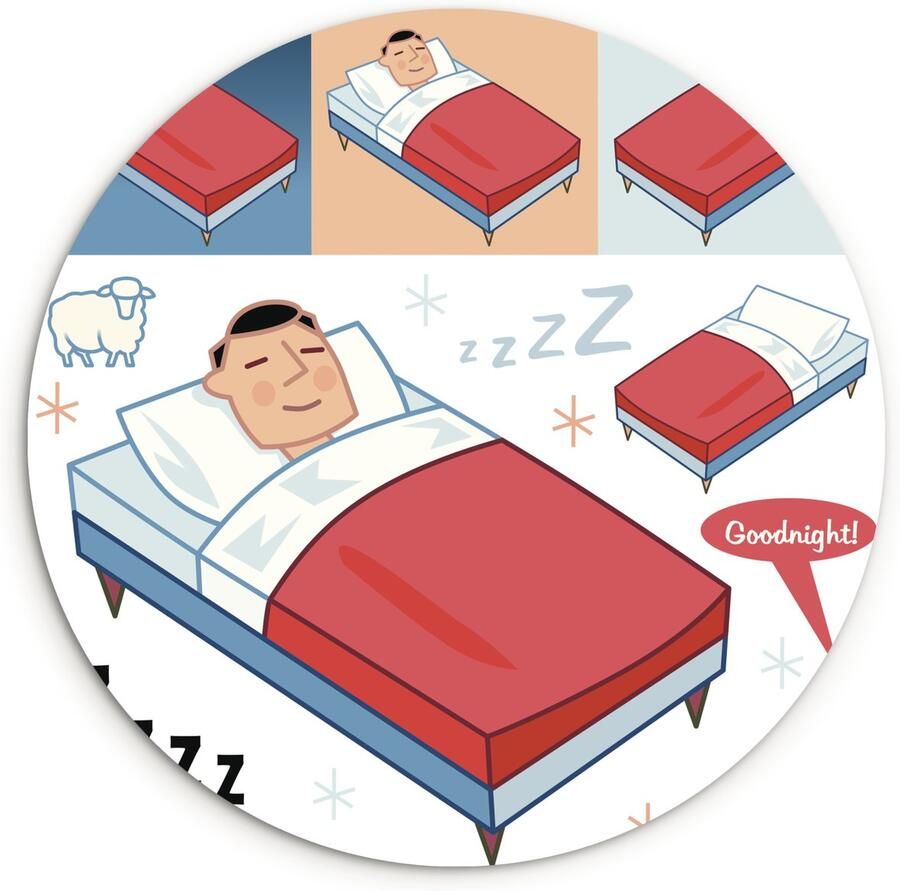 WallCircle Wandcirkel ⌀ 140 Een illustratie van een kind met slapende ogen in bed Ronde schilderijen woonkamer Wandbord rond Muurdecoratie cirkel Kamer decoratie binnen Wanddecoratie muurcirkel Woonaccessoires