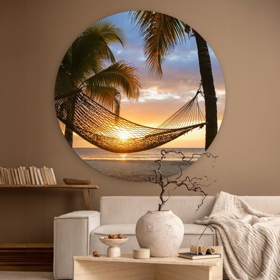 WallCircle Wandcirkel ⌀ 150 Hangmat op het Caribische strand Ronde schilderijen woonkamer Wandbord rond Muurdecoratie cirkel Kamer decoratie binnen Wanddecoratie muurcirkel Woonaccessoires - Foto 2