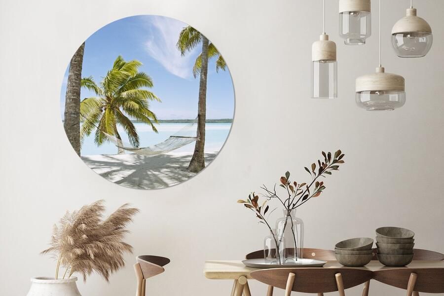WallCircle Wandcirkel Muurcirkel Palmboom Hangmat Zand Aluminium Dibond 140x140 cm Binnen en Buiten - Foto 2
