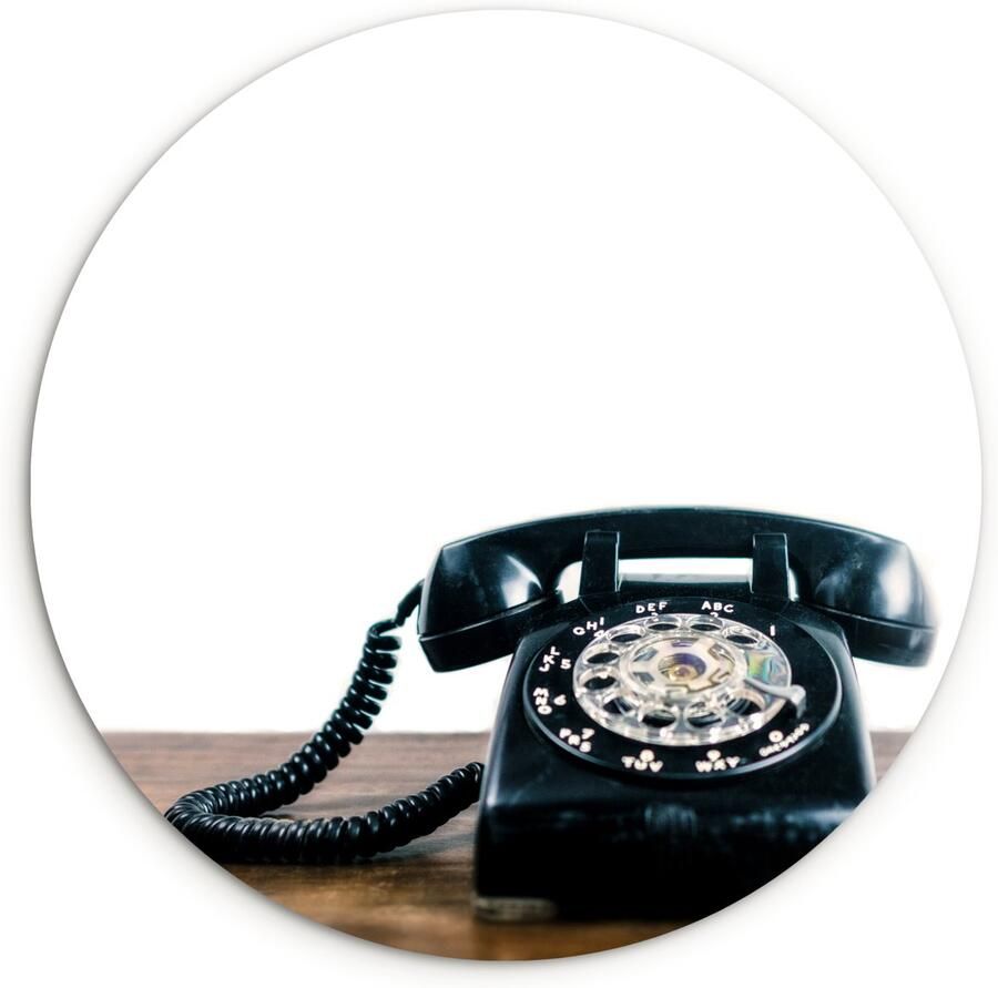 WallCircle Wandcirkel ⌀ 120 Illustratie van een zwarte retro telefoon op een houten tafel Ronde schilderijen woonkamer Wandbord rond Muurdecoratie cirkel Kamer decoratie binnen Wanddecoratie muurcirkel Woonaccessoires XXL