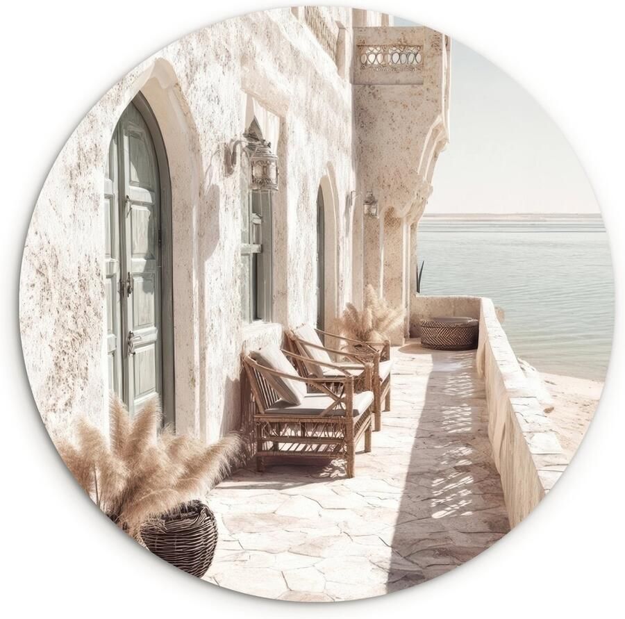 WallCircle Wandcirkel 140x140 cm Muurcirkel Terras Stoelen Strand Beige Muurdecoratie woonkamer Wanddecoratie slaapkamer Kamer decoratie accessoires Ronde schilderijen