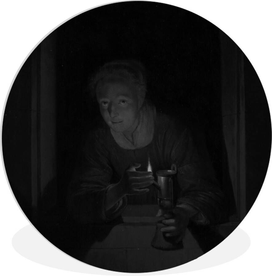 WallCircle Wandcirkel ⌀ 60 Meisje met een lamp in zwart wit Schilderij van Gerrit Dou Ronde schilderijen woonkamer Wandbord rond Muurdecoratie cirkel Kamer decoratie binnen Wanddecoratie muurcirkel Woonaccessoires