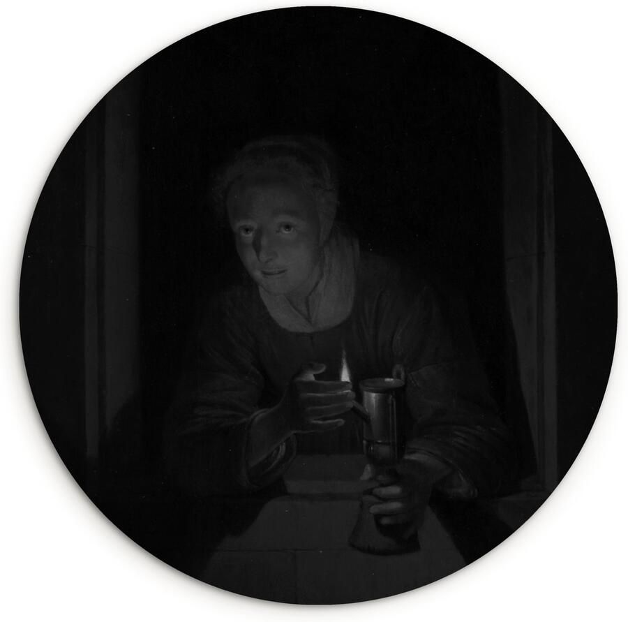 WallCircle Wandcirkel ⌀ 140 Meisje met een lamp in zwart wit Schilderij van Gerrit Dou Ronde schilderijen woonkamer Wandbord rond Muurdecoratie cirkel Kamer decoratie binnen Wanddecoratie muurcirkel Woonaccessoires