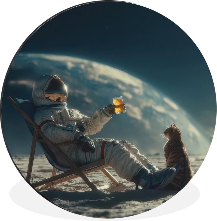 WallCircle Wandcirkel Muurcirkel Astronaut Kat Glas Stoel Aluminium Dibond 140x140 cm Binnen en Buiten