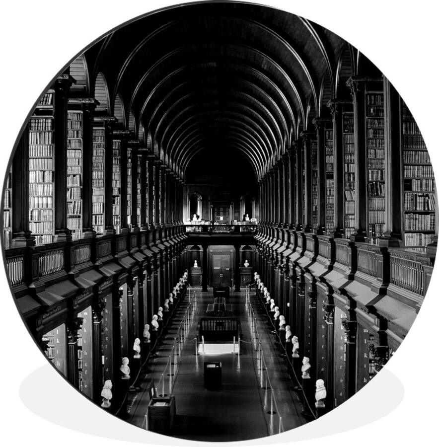 WallCircle Wandcirkel Muurcirkel Bibliotheek van het Trinity College in Ierland zwart wit Aluminium Dibond ⌀ 140 cm Binnen en Buiten