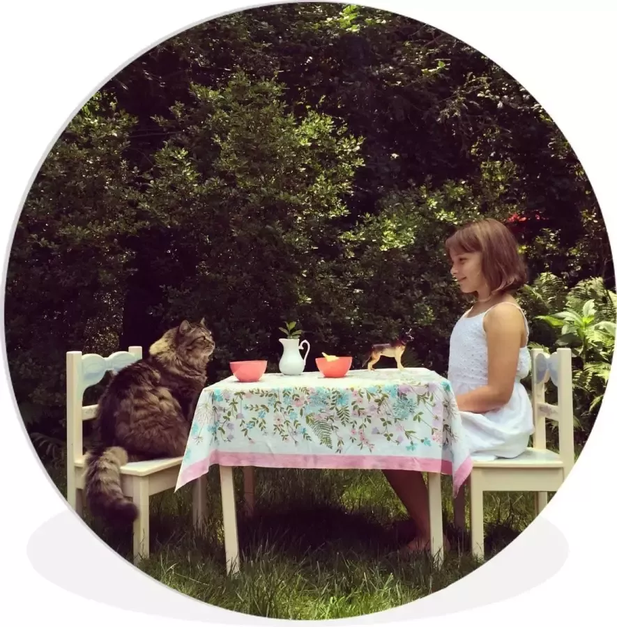 WallCircle Wandcirkel ⌀ 140 Meisje Kat Tafel Ronde schilderijen woonkamer Wandbord rond Muurdecoratie cirkel Kamer decoratie binnen Wanddecoratie muurcirkel Woonaccessoires