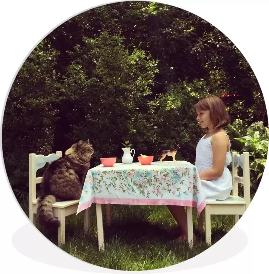 WallCircle Wandcirkel ⌀ 90 Meisje Kat Tafel Ronde schilderijen woonkamer Wandbord rond Muurdecoratie cirkel Kamer decoratie binnen Wanddecoratie muurcirkel Woonaccessoires