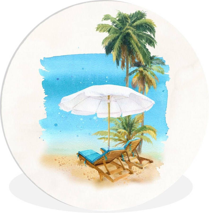 WallCircle Wandcirkel Muurcirkel Binnen Strandstoel Parasol Palmboom 90x90 cm Wanddecoratie Ronde Schilderijen