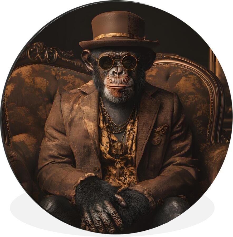 WallCircle Wandcirkel Muurcirkel Chimpansee Stoel Pak Bruin Aluminium Dibond 140x140 cm Binnen en Buiten