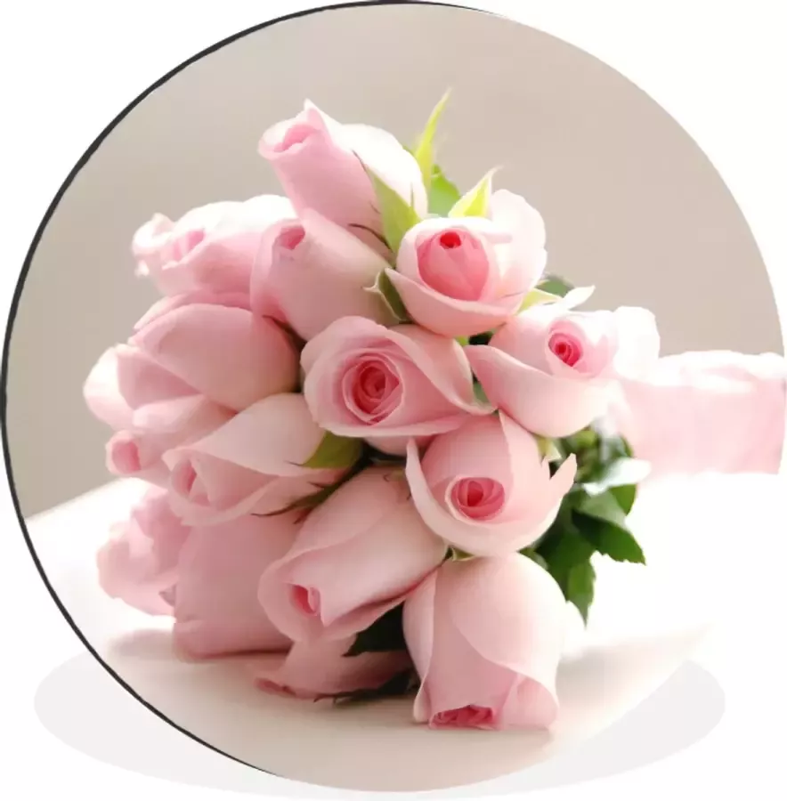 WallCircle Wandcirkel Muurcirkel Een boeket van roze roos op een witte tafel Aluminium Dibond ⌀ 90 cm Binnen en Buiten