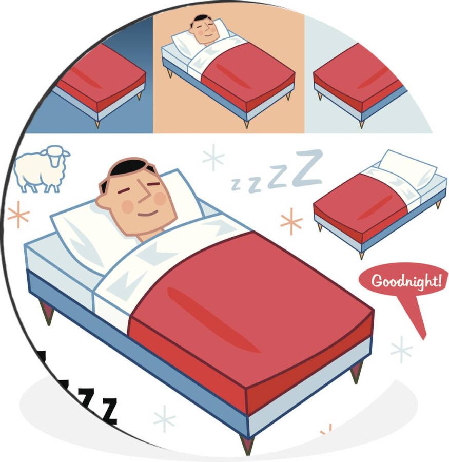 WallCircle Wandcirkel Muurcirkel Een illustratie van een kind met slapende ogen in bed Aluminium Dibond ⌀ 140 cm Binnen en Buiten