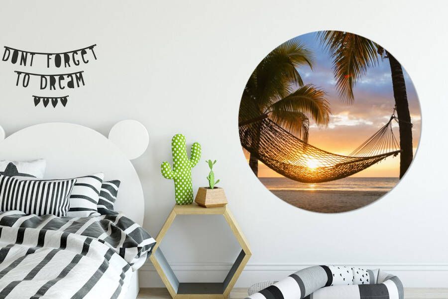 WallCircle Wandcirkel Muurcirkel Hangmat op het Caribische strand Aluminium Dibond 140x140 cm Binnen en Buiten