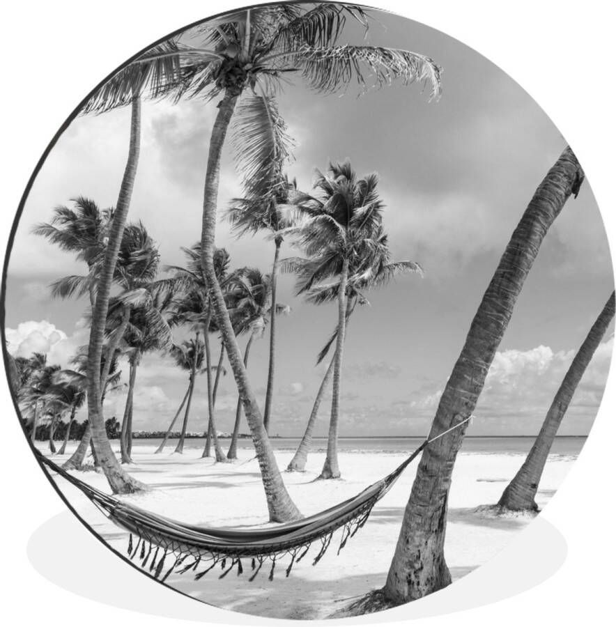 WallCircle Wandcirkel Muurcirkel Hangmat op strand van Dominicaanse Republiek zwart-wit Aluminium Dibond ⌀ 120 cm Binnen en Buiten XXL