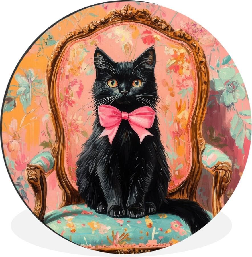 WallCircle Wandcirkel Muurcirkel Kat Roze Stoel met bloemenmotief Aluminium Dibond 140x140 cm Binnen en Buiten