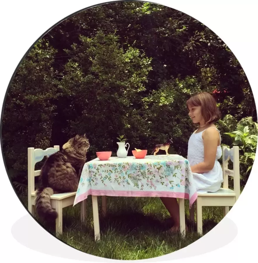 WallCircle Wandcirkel Muurcirkel Meisje Kat Tafel Aluminium Dibond 140x140 cm Binnen en Buiten