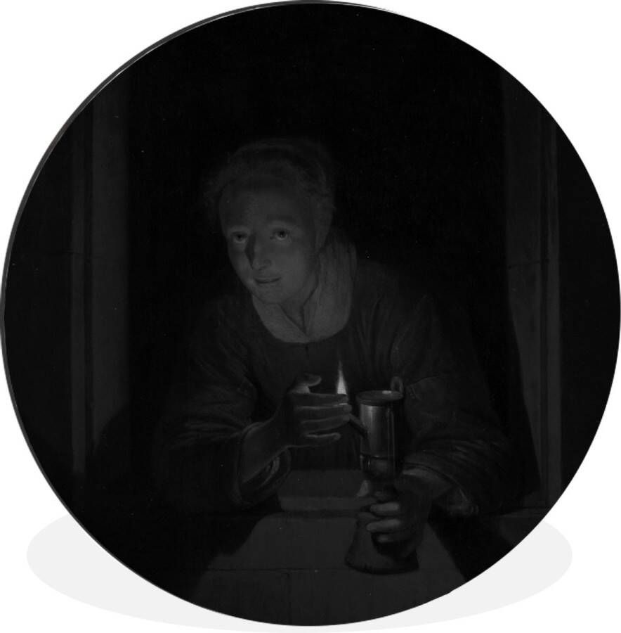 WallCircle Wandcirkel Muurcirkel Meisje met een lamp in zwart wit Schilderij van Gerrit Dou Aluminium Dibond ⌀ 90 cm Binnen en Buiten