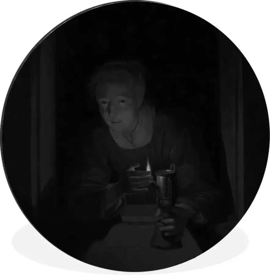 WallCircle Wandcirkel Muurcirkel Meisje met een lamp in zwart wit Schilderij van Gerrit Dou Aluminium Dibond 120x120 cm Binnen en Buiten XXL