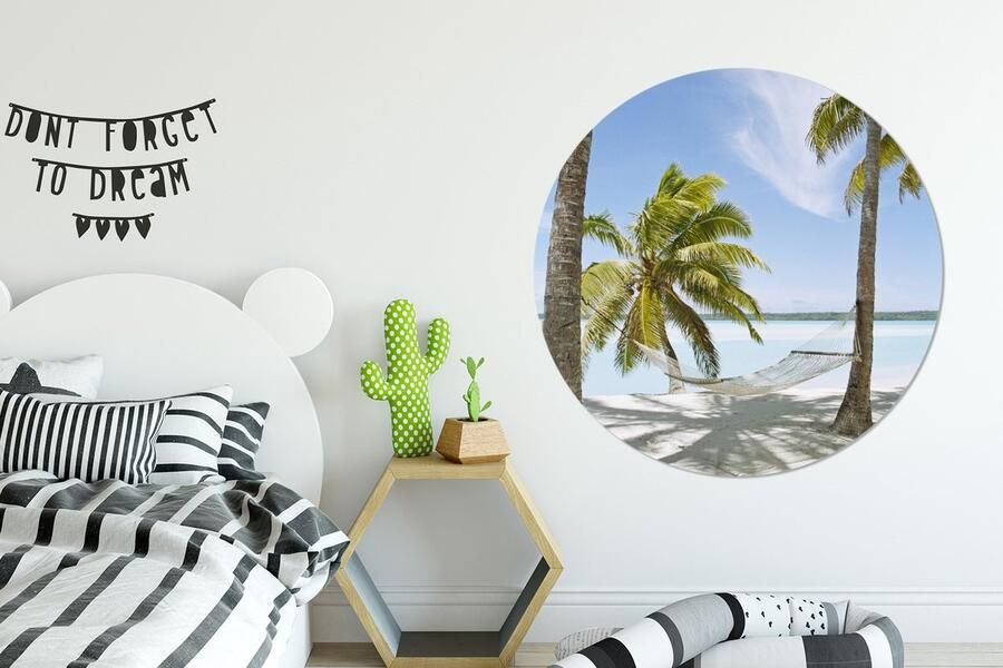 WallCircle Wandcirkel Muurcirkel Palmboom Hangmat Zand Aluminium Dibond ⌀ 120 cm Binnen en Buiten XXL