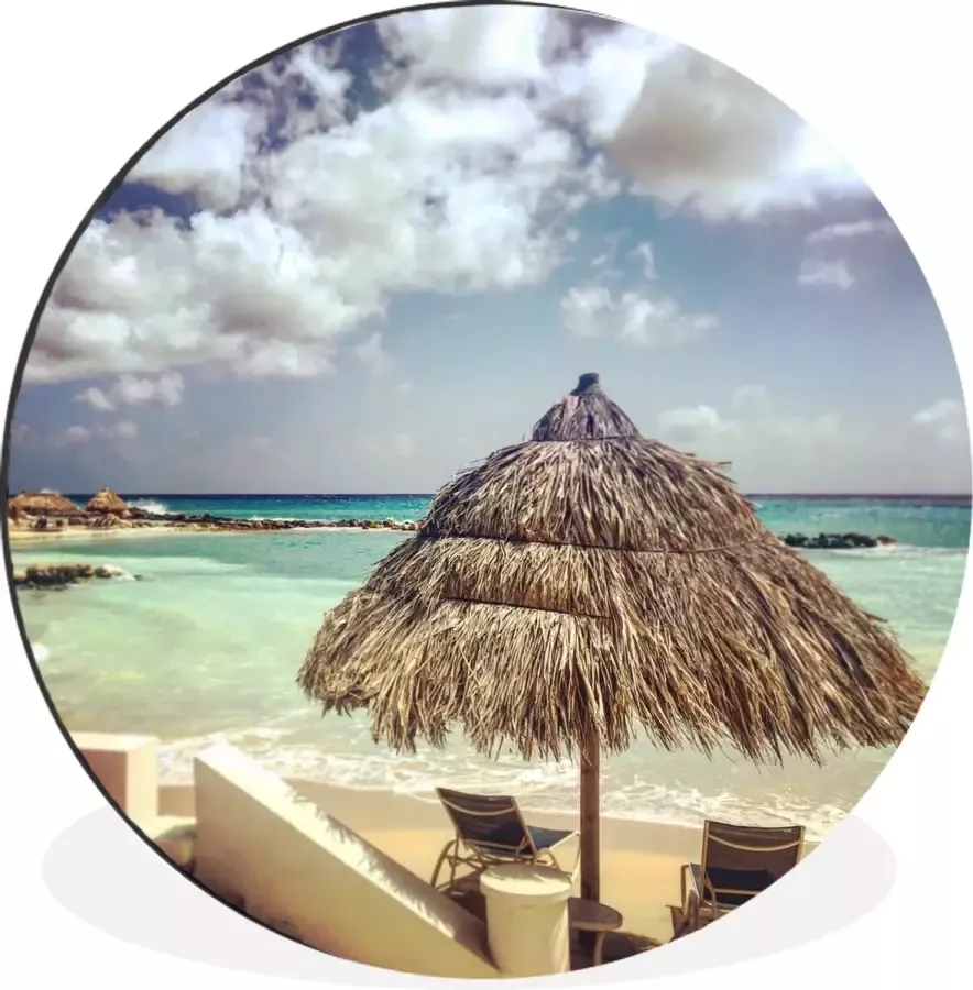 WallCircle Wandcirkel Muurcirkel Parasol met strandstoelen op het strand van Curaçao Aluminium Dibond 120x120 cm Binnen en Buiten XXL