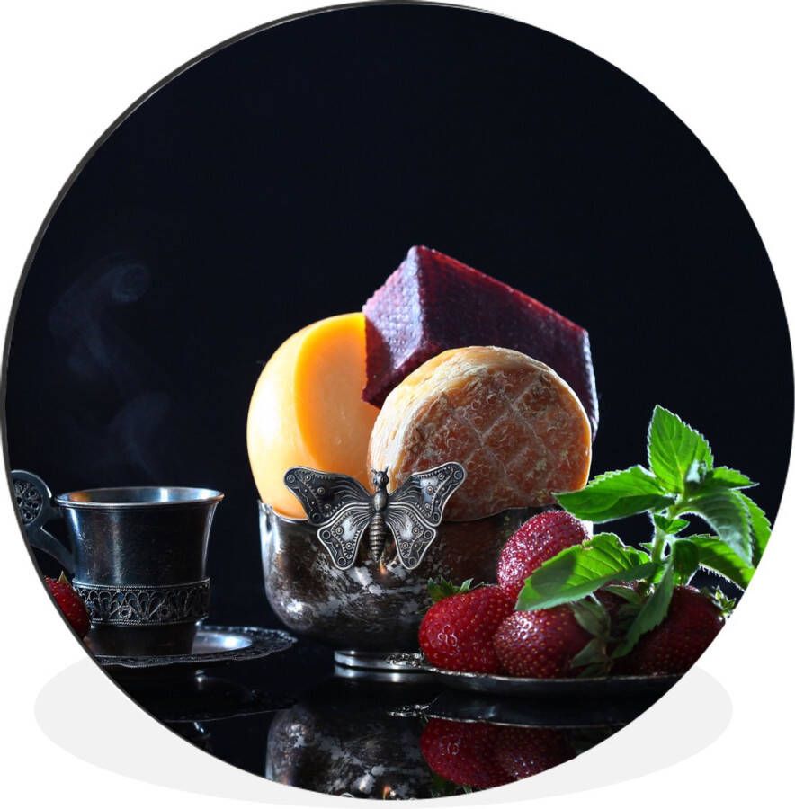 WallCircle Wandcirkel Muurcirkel Rustiek Fruit Kaas Tafel Stilleven Aluminium Dibond 60x60 cm Binnen en Buiten
