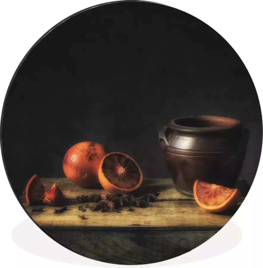 WallCircle Wandcirkel Muurcirkel Schilderij Stilleven Vaas Tafel Sinaasappel Kunst Aluminium Dibond ⌀ 120 cm Binnen en Buiten XXL