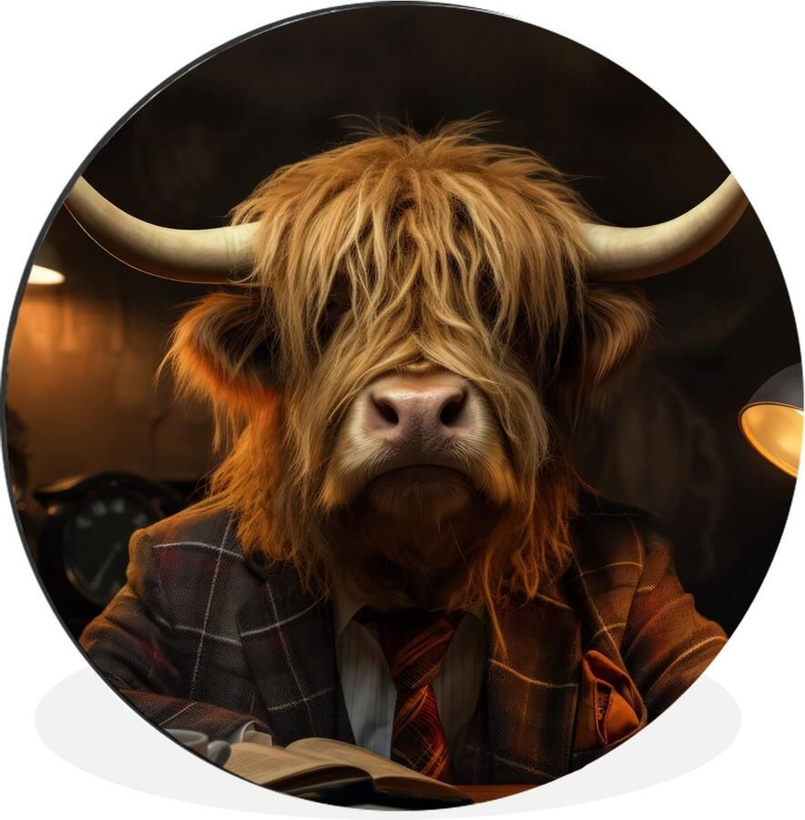 WallCircle Wandcirkel Muurcirkel Schotse hooglander Dier Pak Bureau Aluminium Dibond 90x90 cm Binnen en Buiten