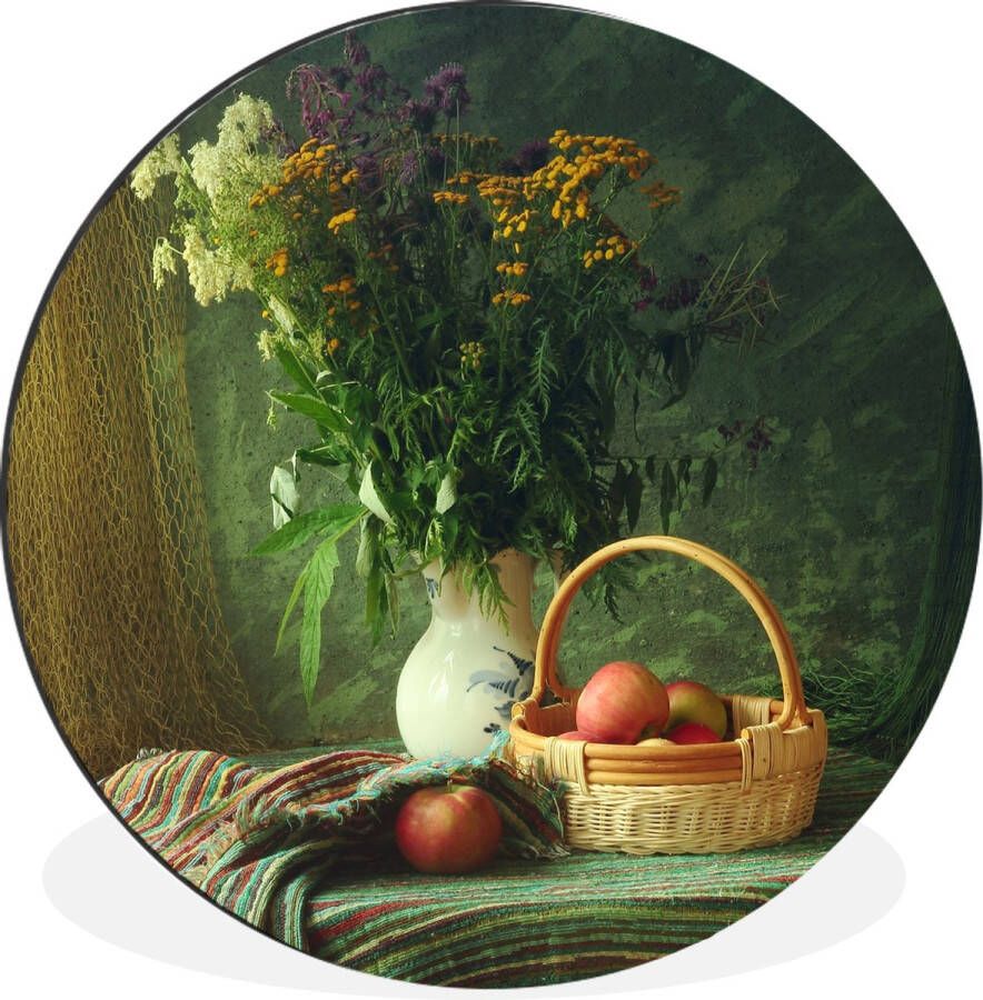 WallCircle Wandcirkel Muurcirkel Stilleven Bloemen Appel Mandje Tafel Schilderij Aluminium Dibond ⌀ 60 cm Binnen en Buiten