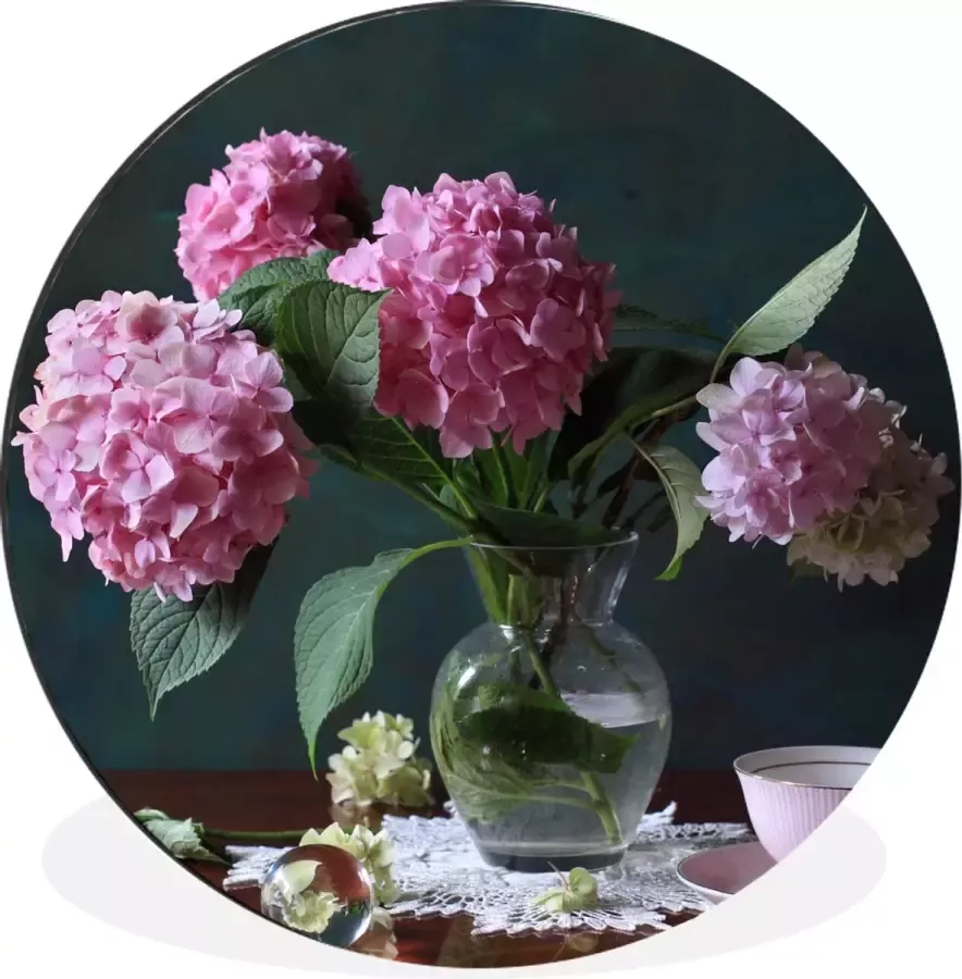 WallCircle Wandcirkel Muurcirkel Stilleven hortensia's en theekop op tafel Aluminium Dibond 140x140 cm Binnen en Buiten