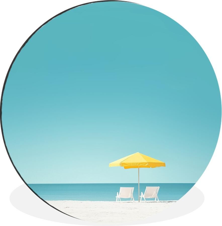 WallCircle Wandcirkel Muurcirkel Strand Blauwe lucht Geel Parasol Aluminium Dibond 120x120 cm Binnen en Buiten XXL