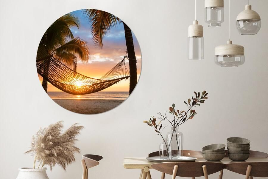 WallCircle Wandcirkel Muurcirkel Zonsondergang Hangmat Palmboom Aluminium Dibond 120x120 cm Binnen en Buiten XXL - Foto 3