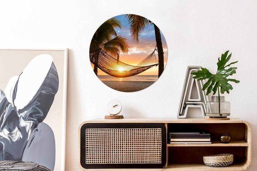 WallCircle Wandcirkel Muurcirkel Zonsondergang Hangmat Palmboom Aluminium Dibond ⌀ 60 cm Binnen en Buiten - Foto 3