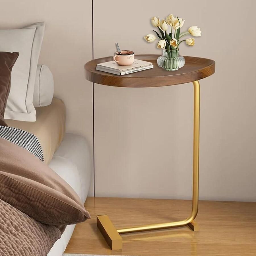 Walnut Wooden C Shape Side Table White Metal Frame 45x30x60cm