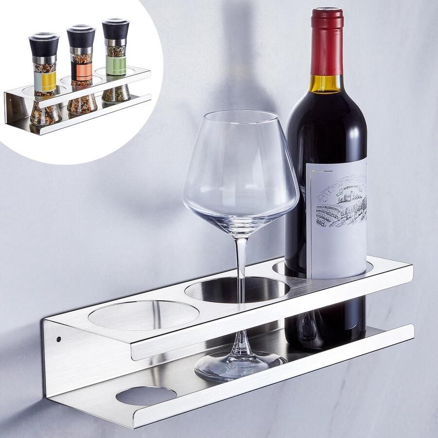 Wand Wijnrek en Glashouder voor Thuiskeuken Bar – Zilver